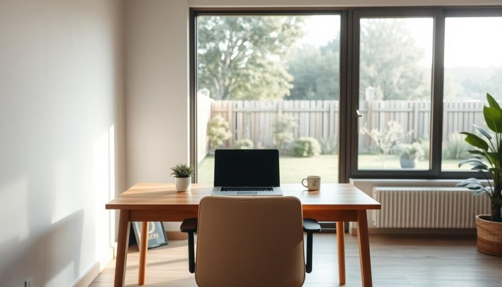 A cozy, minimalist workspace with a simple, uncluttered setup. In the foreground, a wooden desk with a laptop, a potted plant, and a cup of tea. Soft, natural lighting illuminates the scene, creating a serene and calming atmosphere. The middle ground features a comfortable, ergonomic chair positioned in front of the desk, inviting the viewer to sit and engage in their daily breathing practice. In the background, a large window provides a view of a tranquil outdoor setting, such as a garden or a peaceful natural landscape, further emphasizing the idea of "breathing space" and connection to the natural world. A cozy, minimalist workspace with a simple, uncluttered setup. In the foreground, a wooden desk with a laptop, a potted plant, and a cup of tea. Soft, natural lighting illuminates the scene, creating a serene and calming atmosphere. The middle ground features a comfortable, ergonomic chair positioned in front of the desk, inviting the viewer to sit and engage in their daily breathing practice. In the background, a large window provides a view of a tranquil outdoor setting, such as a garden or a peaceful natural landscape, further emphasizing the idea of "breathing space" and connection to the natural world.
