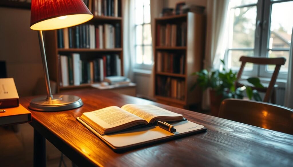 A cozy nook with a wooden desk, a journal and pen lying open, a warm desk lamp casting a soft glow. Sunlight filters in through a nearby window, illuminating a calm, reflective atmosphere. In the background, a bookshelf filled with volumes, a symbol of the inner journey. The scene evokes a sense of tranquility, where the act of journaling helps to quiet the mind and gain clarity amidst the bustle of overthinking. A cozy nook with a wooden desk, a journal and pen lying open, a warm desk lamp casting a soft glow. Sunlight filters in through a nearby window, illuminating a calm, reflective atmosphere. In the background, a bookshelf filled with volumes, a symbol of the inner journey. The scene evokes a sense of tranquility, where the act of journaling helps to quiet the mind and gain clarity amidst the bustle of overthinking.