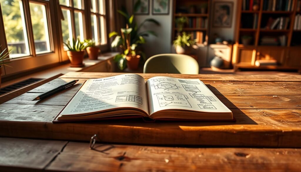A cozy, peaceful workspace with a rustic wooden desk. On the desk, an open journal with scattered notes, sketches, and diagrams, reflecting a thoughtful "brain dump" session. Warm, natural lighting filters through large windows, casting a soft glow on the scene. The journal pages are filled with handwritten musings, ideas, and lists, conveying a sense of clarity and mental organization. In the background, a few potted plants and shelves of books add to the serene, contemplative atmosphere. The overall mood is one of focused introspection and mental decluttering.