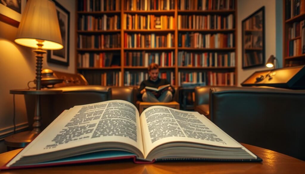 A cozy, serene reading nook with soft ambient lighting and a pair of comfortable leather armchairs. In the foreground, an open book rests on a side table, its pages gently turned by an unseen breeze. In the middle ground, a person sits absorbed in the book, their face illuminated by the warm glow of a table lamp. In the background, a set of floor-to-ceiling bookshelves lines the wall, filled with volumes of literature and a record player emitting a gentle, soothing melody. The overall atmosphere is one of tranquility and intellectual contemplation, inviting the viewer to immerse themselves in the simple pleasures of reading or listening to music.