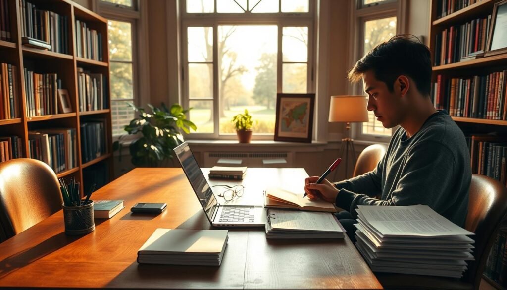 A cozy study nook, lit by warm natural light filtering through large windows. A wooden desk takes center stage, adorned with a laptop, pen holder, and neat stacks of paper - the classic Cornell Method setup. In the foreground, a student diligently takes notes, their face focused and determined. The middle ground features bookshelves lining the walls, a potted plant, and a framed map or artwork, creating a sense of scholarly ambiance. The background showcases a tranquil outdoor scene, perhaps a tree-lined campus or a peaceful garden, hinting at the contemplative nature of this note-taking technique. A cozy study nook, lit by warm natural light filtering through large windows. A wooden desk takes center stage, adorned with a laptop, pen holder, and neat stacks of paper - the classic Cornell Method setup. In the foreground, a student diligently takes notes, their face focused and determined. The middle ground features bookshelves lining the walls, a potted plant, and a framed map or artwork, creating a sense of scholarly ambiance. The background showcases a tranquil outdoor scene, perhaps a tree-lined campus or a peaceful garden, hinting at the contemplative nature of this note-taking technique.