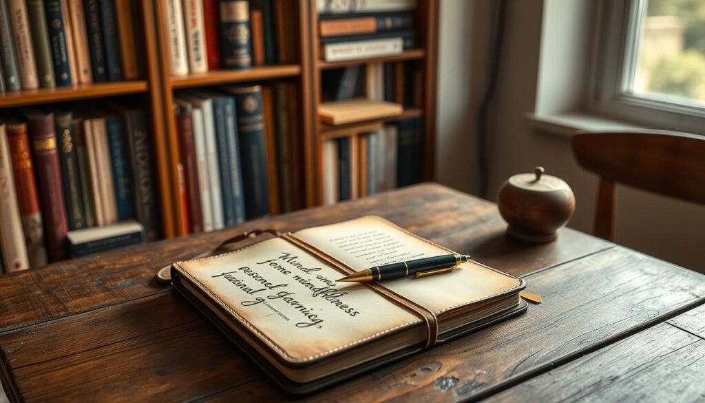 A cozy study nook with a weathered wooden table, adorned with a leather-bound journal, a pen, and an array of inspirational stationery. Soft, diffused lighting casts a warm glow, accentuating the tactile textures of the materials. In the background, a bookshelf filled with volumes on mindfulness and personal growth creates a contemplative atmosphere. The scene conveys a sense of tranquility and encourages the viewer to pause, reflect, and cultivate a genuine practice of gratitude.