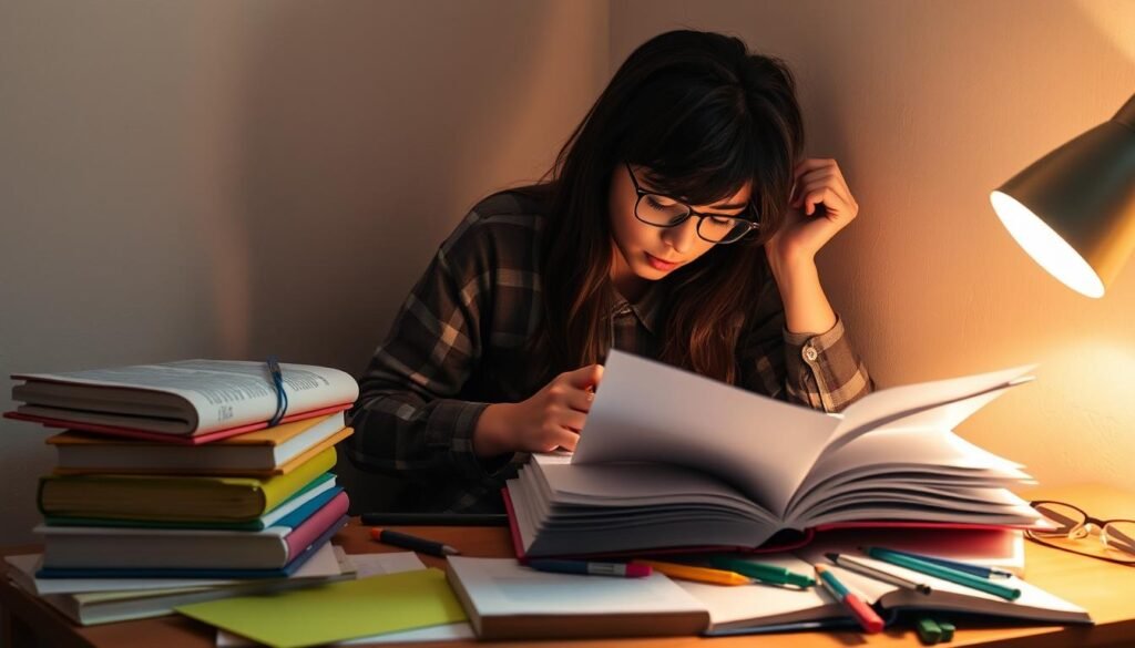 A cozy study nook with warm lighting, a stack of open textbooks, color-coded notes, and a focused student engrossed in revision. Soft, ambient illumination casts a contemplative glow, while organized study materials and tools surround the scene. The student's pose conveys a sense of productive concentration, as they review their work with diligence and purpose. The overall atmosphere evokes a tranquil, conducive environment for effective exam preparation and revision. A cozy study nook with warm lighting, a stack of open textbooks, color-coded notes, and a focused student engrossed in revision. Soft, ambient illumination casts a contemplative glow, while organized study materials and tools surround the scene. The student's pose conveys a sense of productive concentration, as they review their work with diligence and purpose. The overall atmosphere evokes a tranquil, conducive environment for effective exam preparation and revision.