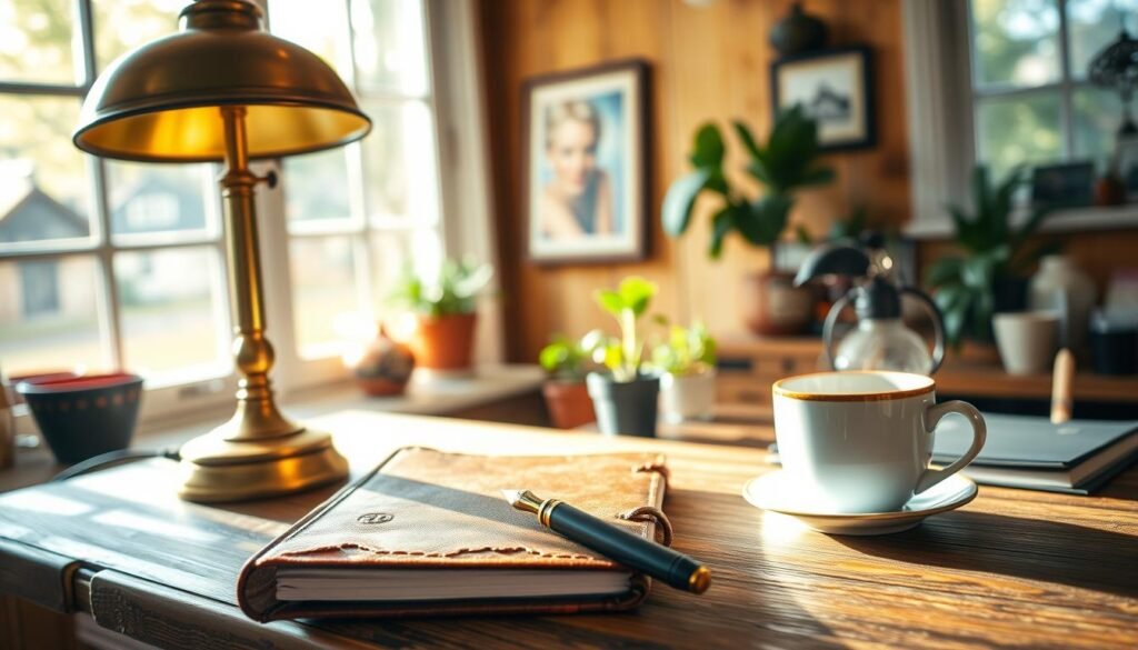 A cozy, sunlit home office with a well-worn leather journal resting on a rustic wooden desk. Beside it, an antique brass lamp casts a warm, ambient glow. In the foreground, a fountain pen and a cup of steaming tea, creating a tranquil atmosphere conducive to mindful writing. The middle ground features potted plants and a framed artwork, suggesting a space of creativity and reflection. The background showcases a large window, allowing natural light to filter in and illuminate the scene, evoking a sense of openness and inspiration.