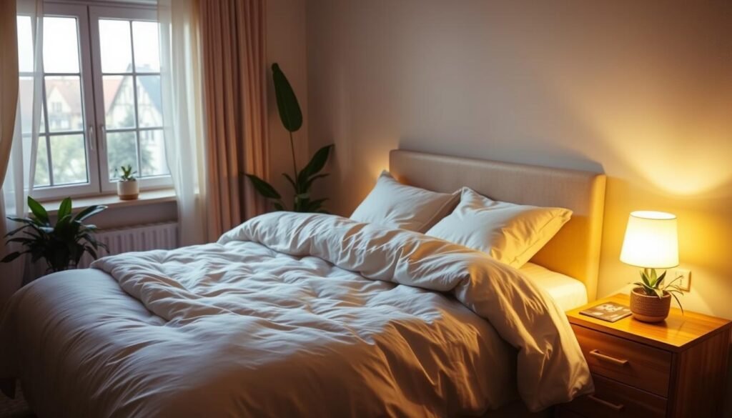 A cozy, tranquil bedroom with soft, warm lighting. A plush, king-size bed with high-quality linens and a fluffy duvet, inviting you to sink in and relax. On the nightstands, subtle lamps emit a gentle glow, creating a calming ambiance. The walls are painted in soothing neutral tones, complemented by natural wood accents. Lush, green plants add a touch of life and freshness to the space. The overall atmosphere is one of serenity and comfort, designed to promote a restful and rejuvenating sleep experience. A cozy, tranquil bedroom with soft, warm lighting. A plush, king-size bed with high-quality linens and a fluffy duvet, inviting you to sink in and relax. On the nightstands, subtle lamps emit a gentle glow, creating a calming ambiance. The walls are painted in soothing neutral tones, complemented by natural wood accents. Lush, green plants add a touch of life and freshness to the space. The overall atmosphere is one of serenity and comfort, designed to promote a restful and rejuvenating sleep experience.
