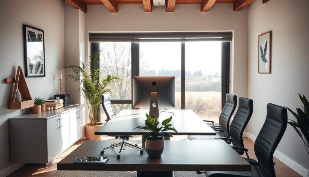 A cozy, well-designed workspace with natural lighting and minimalist decor. In the foreground, a sleek, ergonomic desk with a modern computer setup and a potted plant. In the middle ground, comfortable yet stylish office chairs surround the desk, creating a sense of focus and productivity. The background features a large window overlooking a serene outdoor landscape, allowing the natural light to filter in and create a calming atmosphere. The overall scene conveys a sense of balance, organization, and clarity, inspiring deep concentration and enhanced cognitive performance.
