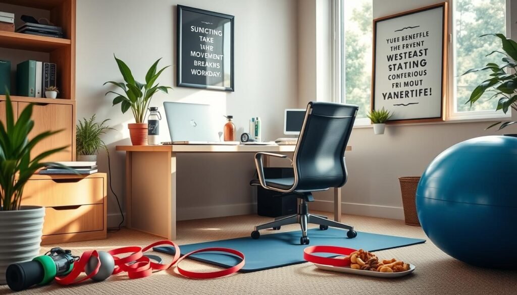 A cozy, well-lit office scene with a desk, chair, and various movement-friendly items scattered around. In the foreground, a small yoga mat, a jump rope, and a set of resistance bands. On the desk, a laptop, a water bottle, and a plate of healthy snacks like sliced fruit and nuts. In the middle ground, a standing desk converter or a stability ball chair. The background features a large window with natural light streaming in, potted plants, and a framed motivational poster about the benefits of taking movement breaks. The overall mood is productive yet relaxed, encouraging an active and balanced workday. A cozy, well-lit office scene with a desk, chair, and various movement-friendly items scattered around. In the foreground, a small yoga mat, a jump rope, and a set of resistance bands. On the desk, a laptop, a water bottle, and a plate of healthy snacks like sliced fruit and nuts. In the middle ground, a standing desk converter or a stability ball chair. The background features a large window with natural light streaming in, potted plants, and a framed motivational poster about the benefits of taking movement breaks. The overall mood is productive yet relaxed, encouraging an active and balanced workday.