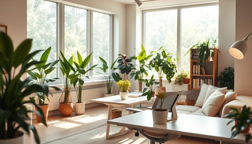 A cozy, well-lit office space with lush indoor plants, natural light streaming in through large windows, and a soft, inviting color palette. A modern, ergonomic desk setup with a comfortable chair, a potted plant, and minimal clutter. In the background, a tranquil seating area with plush cushions and a bookshelf, creating a sense of harmony and relaxation. The lighting is warm and diffused, casting a soothing glow throughout the space. The overall atmosphere is one of mindfulness, wellness, and a healthy work environment.