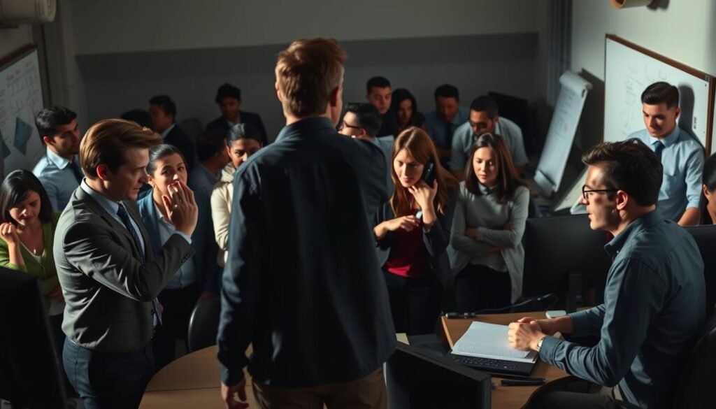 A crowded office scene with people engaged in various forms of miscommunication. In the foreground, two colleagues engage in a heated argument, their body language tense and gestures exaggerated. In the middle ground, a person on a phone call appears frustrated, while another struggles to operate a computer. In the background, a group gathers around a whiteboard, their expressions puzzled. The lighting is harsh, casting long shadows and highlighting the tension in the room. The scene conveys a sense of chaos and poor workplace dynamics, illustrating common communication errors. A crowded office scene with people engaged in various forms of miscommunication. In the foreground, two colleagues engage in a heated argument, their body language tense and gestures exaggerated. In the middle ground, a person on a phone call appears frustrated, while another struggles to operate a computer. In the background, a group gathers around a whiteboard, their expressions puzzled. The lighting is harsh, casting long shadows and highlighting the tension in the room. The scene conveys a sense of chaos and poor workplace dynamics, illustrating common communication errors.