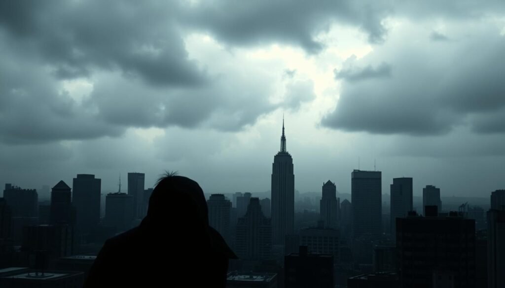 A dark, gloomy cityscape with a heavy, oppressive atmosphere. In the foreground, a person appears weighed down and hunched, their face obscured by shadows, reflecting the burden of negative thoughts. The buildings in the middle ground loom ominously, their sharp edges and angular shapes mirroring the jagged, intrusive nature of negative ideas. In the background, the sky is overcast, the clouds thick and foreboding, casting a somber, desaturated tone over the entire scene. Dramatic, low-angle lighting casts long shadows, emphasizing the sense of isolation and despair. The overall composition conveys the profound, debilitating impact of negative thinking on one's life and well-being.