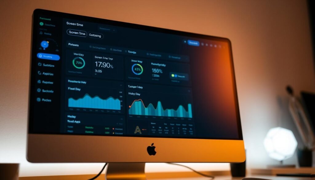 A desktop computer screen displaying a screen time tracking dashboard, with various metrics and charts showcasing daily and weekly usage patterns across multiple apps and devices. The screen is illuminated by a warm, soft lighting, creating a contemplative, introspective atmosphere. The interface features a clean, minimalist design with intuitive visualizations that clearly convey the user's digital habits. The background blurs out, keeping the focus on the insightful data presented on the screen.