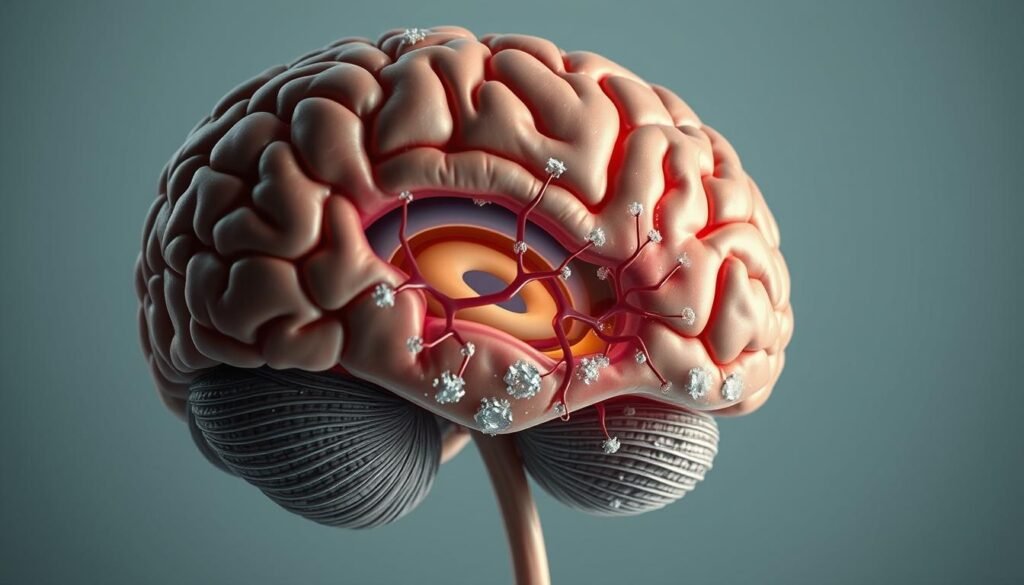 A detailed anatomical rendering of the human brain, with a focus on the effects of sugar consumption. The brain is depicted in a cross-section, showcasing the intricate neural pathways and structures affected by excessive sugar intake. The foreground highlights the areas responsible for memory, cognition, and focus, while the middle ground illustrates the metabolic processes disrupted by sugar overconsumption. The background features a muted, clinical setting, emphasizing the scientific and educational nature of the image. Subtle color variations and realistic textures convey the complexity of the subject matter. The overall composition is designed to visually communicate the detrimental impact of sugar on brain function and cognitive performance. A detailed anatomical rendering of the human brain, with a focus on the effects of sugar consumption. The brain is depicted in a cross-section, showcasing the intricate neural pathways and structures affected by excessive sugar intake. The foreground highlights the areas responsible for memory, cognition, and focus, while the middle ground illustrates the metabolic processes disrupted by sugar overconsumption. The background features a muted, clinical setting, emphasizing the scientific and educational nature of the image. Subtle color variations and realistic textures convey the complexity of the subject matter. The overall composition is designed to visually communicate the detrimental impact of sugar on brain function and cognitive performance.