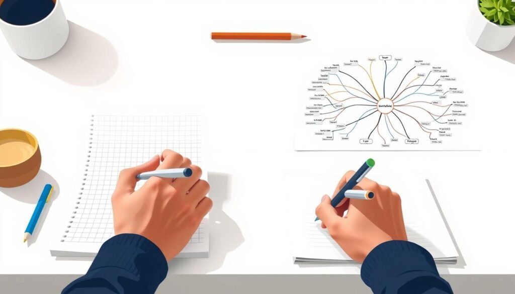 A detailed comparison of the Cornell Method and Mind-maps unfolds in a crisp, clean illustration. In the foreground, two hands meticulously take notes on adjacent pages - one utilizing the Cornell grid structure, the other constructing a vibrant mind-map. The middle ground showcases the contrasting organizational styles, with the Cornell Method's linear structure juxtaposed against the mind-map's radiant, interconnected nodes. In the background, a serene, minimalist workspace sets the stage, its neutral tones and natural lighting emphasizing the clarity of the note-taking techniques. The overall composition conveys a sense of thoughtful consideration, inviting the viewer to ponder the nuances between these two powerful note-taking strategies. A detailed comparison of the Cornell Method and Mind-maps unfolds in a crisp, clean illustration. In the foreground, two hands meticulously take notes on adjacent pages - one utilizing the Cornell grid structure, the other constructing a vibrant mind-map. The middle ground showcases the contrasting organizational styles, with the Cornell Method's linear structure juxtaposed against the mind-map's radiant, interconnected nodes. In the background, a serene, minimalist workspace sets the stage, its neutral tones and natural lighting emphasizing the clarity of the note-taking techniques. The overall composition conveys a sense of thoughtful consideration, inviting the viewer to ponder the nuances between these two powerful note-taking strategies.