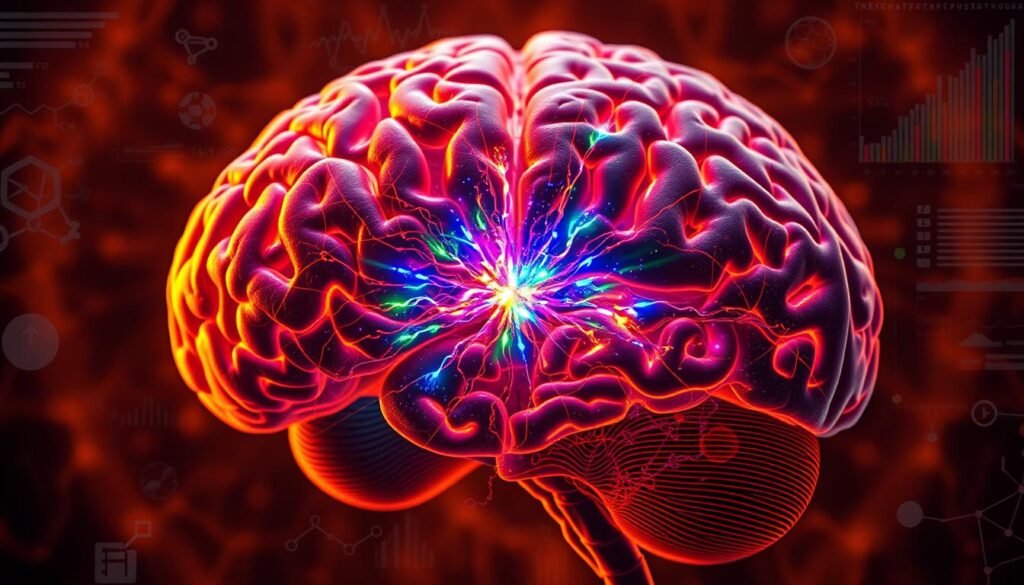 A detailed cross-section of the human brain, highlighting the intricate neural pathways and the interplay between neurons, synapses, and neurotransmitters. In the center, a vibrant burst of dopamine signaling, rendered in a kaleidoscopic array of colors, representing the complex biochemical processes that underlie our emotional and cognitive experiences. The image is bathed in a warm, amber-toned lighting, creating a sense of depth and dimensionality, while scientific diagrams and data visualizations float in the background, providing context and scientific rigor. The overall composition conveys the delicate balance and intricate science behind the powerful neurochemical that drives our motivation, reward, and focus.