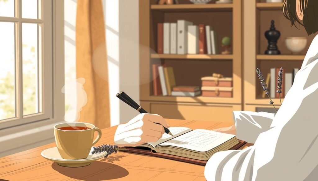 A detailed illustration of practical steps for using a gratitude journal. A person sits at a wooden desk, writing in a leather-bound journal with a calligraphic pen. Soft natural light filters through a window, casting a warm glow on the scene. On the desk, a cup of tea steams gently, and a sprig of fresh lavender adds a soothing fragrance. In the background, shelves hold carefully arranged books and decorative objects, creating a cozy, contemplative atmosphere. The overall mood is one of serenity and mindfulness, inviting the viewer to pause and reflect on the simple joys of daily life.