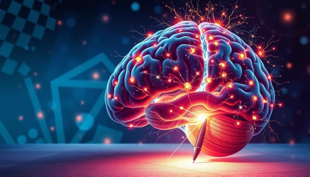 A detailed illustration of the neurological effects of writing, showcasing the inner workings of the brain during the creative process. A vibrant, high-resolution image depicting the synaptic activity, neural pathways, and cognitive stimulation triggered by the act of putting pen to paper. The foreground should feature a stylized, cross-sectional view of the brain, with glowing neurons and a dynamic flow of neural impulses. The middle ground could include abstract, geometric shapes and patterns representing the organizational structures and information processing within the cerebral cortex. The background should convey a sense of depth and perspective, with subtle gradients and subtle textures evoking the complexity of the human mind. The overall composition should emanate a sense of wonder, introspection, and the profound impact of writing on our cognitive faculties.