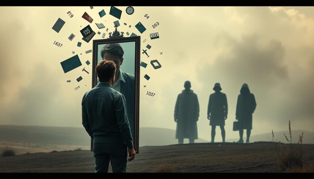 A detailed scene showcasing the act of comparison. In the foreground, a person stands pensively, their gaze locked on a mirror that reflects a distorted, exaggerated version of themselves. The mirror is surrounded by floating fragments and symbols of social comparisons - numbers, graphs, images of others. In the middle ground, shadowy figures of other people loom, their faces obscured, representing the constant, ubiquitous presence of comparison. The background is a hazy, dreamlike landscape, with soft, muted colors evoking a sense of introspection and inner conflict. Dramatic, low-angled lighting casts dramatic shadows, emphasizing the weight and gravity of the scene. The overall mood is one of contemplation, unease, and the struggle to overcome the pitfalls of self-comparison. A detailed scene showcasing the act of comparison. In the foreground, a person stands pensively, their gaze locked on a mirror that reflects a distorted, exaggerated version of themselves. The mirror is surrounded by floating fragments and symbols of social comparisons - numbers, graphs, images of others. In the middle ground, shadowy figures of other people loom, their faces obscured, representing the constant, ubiquitous presence of comparison. The background is a hazy, dreamlike landscape, with soft, muted colors evoking a sense of introspection and inner conflict. Dramatic, low-angled lighting casts dramatic shadows, emphasizing the weight and gravity of the scene. The overall mood is one of contemplation, unease, and the struggle to overcome the pitfalls of self-comparison.