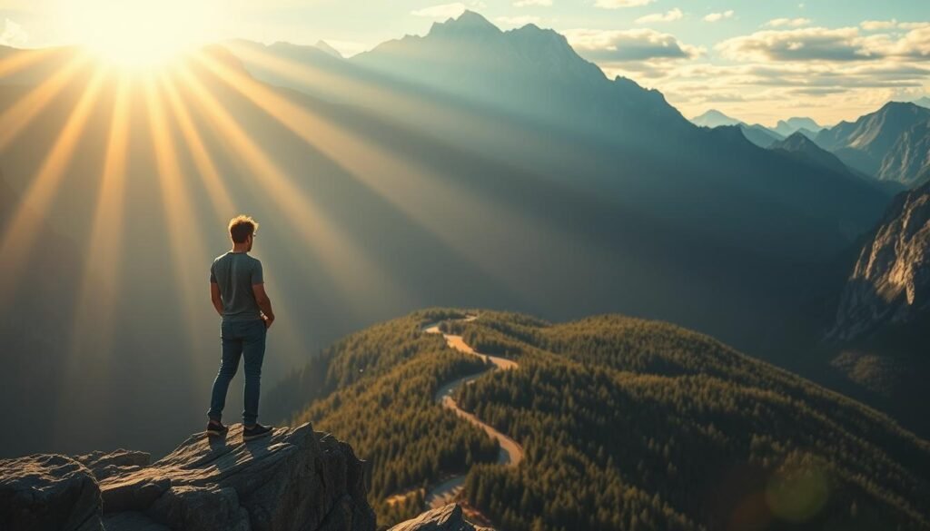 A determined person standing at the edge of a rocky cliff, gazing out over a vast, majestic landscape. Beams of warm, golden morning light illuminate the scene, casting a hopeful, inspiring atmosphere. The figure's posture exudes a sense of inner strength and resilience, symbolizing the ability to overcome challenges. In the middle ground, a winding path leads through a lush, verdant forest, suggesting the journey ahead. The background features a dramatic mountain range, its peaks reaching up towards the sky, conveying a sense of scale and grandeur. The overall composition evokes a feeling of empowerment, growth, and the triumph of the human spirit.