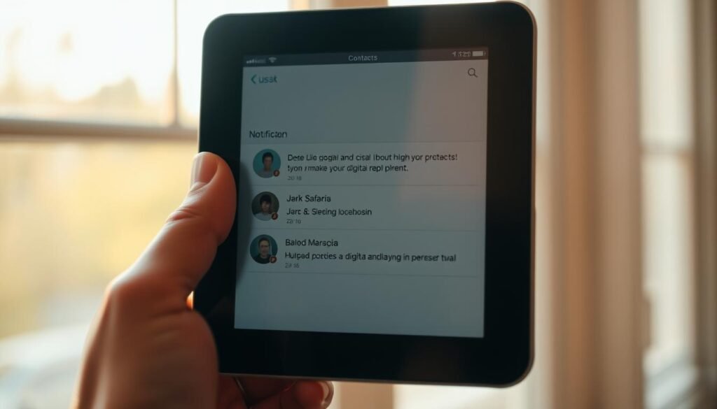 A digital device displaying a notification screen, with contacts icons and names. The screen is partially obscured by a hand holding the device, suggesting the user is in the process of notifying their contacts about taking a digital break. The background is blurred and out of focus, creating a sense of intentional separation from the digital world. Warm, natural lighting from a nearby window casts a soft glow on the scene, conveying a sense of calm and reflection. The composition is framed to emphasize the centrality of the notification process, with the hand and device positioned prominently in the frame.