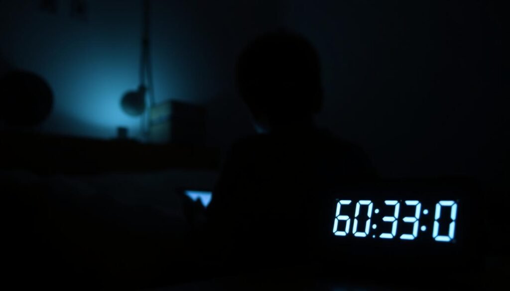 A dimly lit bedroom, a child's silhouette illuminated by the glow of a tablet screen. Shadows cast across the walls, creating a sense of isolation and disconnect. In the foreground, a digital clock displays the late hour, a reminder of the recommended "60/30/0" rule for screen time before bed. The atmosphere is somber, with muted colors and a slightly hazy quality, reflecting the potential impact of excessive screen use on the child's sleep and well-being. The composition emphasizes the child's solitary experience, the screen a barrier between them and the peaceful rest they need.