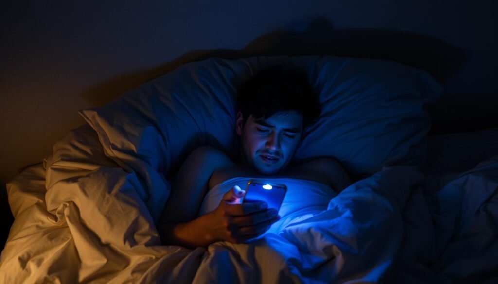 A dimly lit bedroom at night, with a person lying in bed, their face illuminated by the glow of a smartphone. The bed is rumpled, and the person's expression is one of fatigue and strain. The room is filled with a soft, warm light, casting shadows across the walls. The smartphone casts a bluish glow, creating a stark contrast with the warm ambient light. The scene conveys a sense of distraction and the detrimental effects of using a smartphone before bed, disrupting the natural sleep cycle.