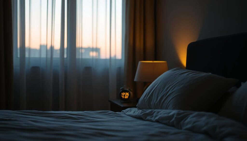 A dimly lit bedroom scene at dusk, with the window curtains slightly parted, revealing the fading daylight outside. In the foreground, a cozy bed with crisp, white bedding and plush pillows invitingly placed. On the bedside table, a digital alarm clock displays the time, gently illuminating the space. The room is bathed in a warm, golden glow, creating a serene and relaxing atmosphere. In the background, subtle shadows and highlights suggest the presence of other bedroom furnishings, creating a sense of depth and tranquility. The overall mood is one of calm, preparation, and the anticipation of a restful night's sleep.