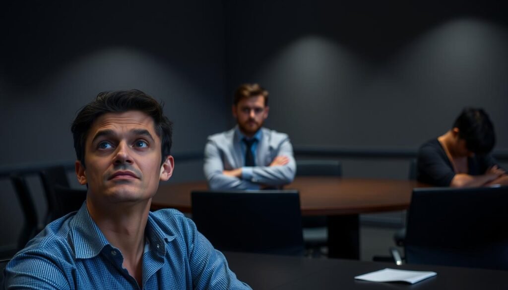 A dimly lit conference room with a table and chairs, representing a group meeting. In the foreground, a person is shown with a distracted expression, gazing off to the side, not making eye contact with the others. In the middle ground, another person is shown with their arms crossed, appearing disinterested and disengaged. In the background, a third person is shown with their head down, seemingly lost in their own thoughts, not actively participating. The lighting is subdued, creating a sense of discomfort and a lack of connection among the group members, highlighting the common mistakes in active listening. A dimly lit conference room with a table and chairs, representing a group meeting. In the foreground, a person is shown with a distracted expression, gazing off to the side, not making eye contact with the others. In the middle ground, another person is shown with their arms crossed, appearing disinterested and disengaged. In the background, a third person is shown with their head down, seemingly lost in their own thoughts, not actively participating. The lighting is subdued, creating a sense of discomfort and a lack of connection among the group members, highlighting the common mistakes in active listening.