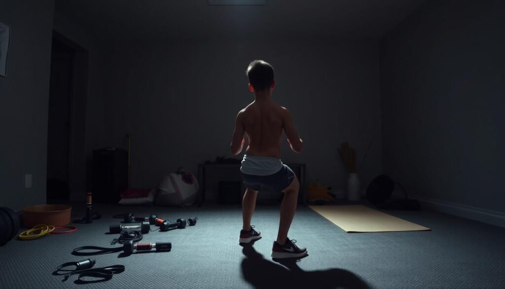 A dimly lit home gym, with soft overhead lighting casting shadows on the floor. In the center, a young person performs a squat exercise with poor form, their back arched and knees collapsing inward. Surrounding them, equipment like resistance bands, dumbbells, and a yoga mat litter the scene, suggesting common beginner mistakes. The walls are plain, allowing the focus to remain on the central figure and their flawed movement. The atmosphere is contemplative, inviting the viewer to observe and learn from these common errors in home-based bodyweight training. A dimly lit home gym, with soft overhead lighting casting shadows on the floor. In the center, a young person performs a squat exercise with poor form, their back arched and knees collapsing inward. Surrounding them, equipment like resistance bands, dumbbells, and a yoga mat litter the scene, suggesting common beginner mistakes. The walls are plain, allowing the focus to remain on the central figure and their flawed movement. The atmosphere is contemplative, inviting the viewer to observe and learn from these common errors in home-based bodyweight training.