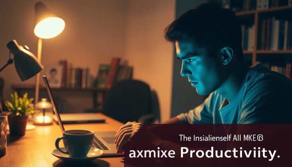 A dimly lit home office, bathed in a warm, focused glow. On the desk, a laptop, a cup of coffee, and a small plant. In the foreground, a person deeply engaged, their face illuminated by the screen's glow, brow furrowed in concentration. Surrounding them, a sense of quiet determination and productivity. In the background, bookshelves line the walls, hinting at a wealth of knowledge. The scene conveys a balanced atmosphere of focus, efficiency, and a drive to maximize productivity, reflecting the challenges of "Increasing Productivity."