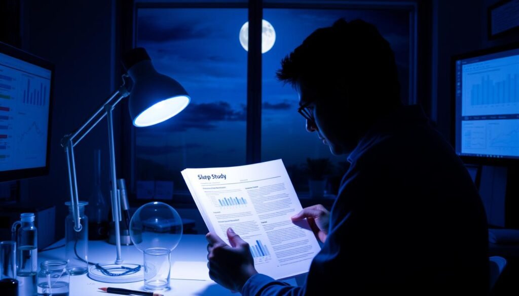 A dimly lit laboratory with scientific equipment, a blue-tinted desk lamp illuminating a sleep study report. In the foreground, a human silhouette studies the data, surrounded by magnifying glasses, test tubes, and computer screens displaying charts and graphs. The background features a large window, revealing a night sky and a full moon, symbolizing the connection between blue light and circadian rhythms. The atmosphere is one of thoughtful contemplation, with a focus on the science behind the impact of blue light on sleep patterns.