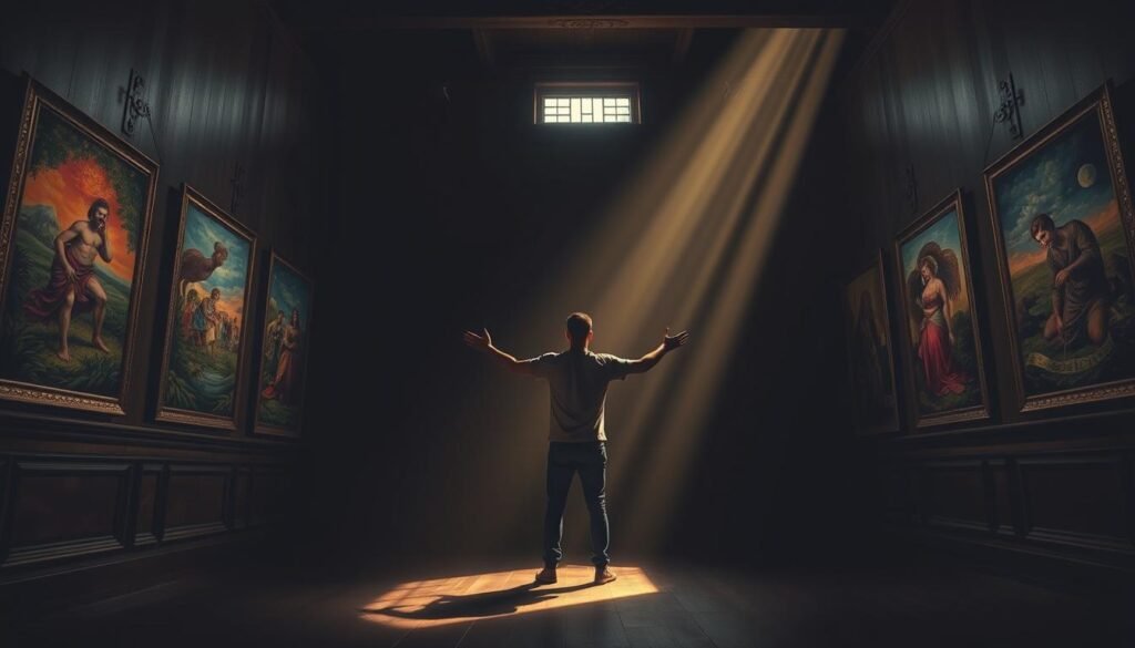 A dimly lit room, the walls adorned with vibrant paintings depicting the journey of breaking free from negative habits. In the center, a solitary figure stands, hands outstretched, casting off the shackles of their past. Beams of soft, warm light filter through the windows, illuminating the path forward. The scene conveys a sense of introspection, determination, and the gradual shedding of detrimental patterns, inviting the viewer to embark on their own transformative journey. Realistic, cinematic, highly detailed.