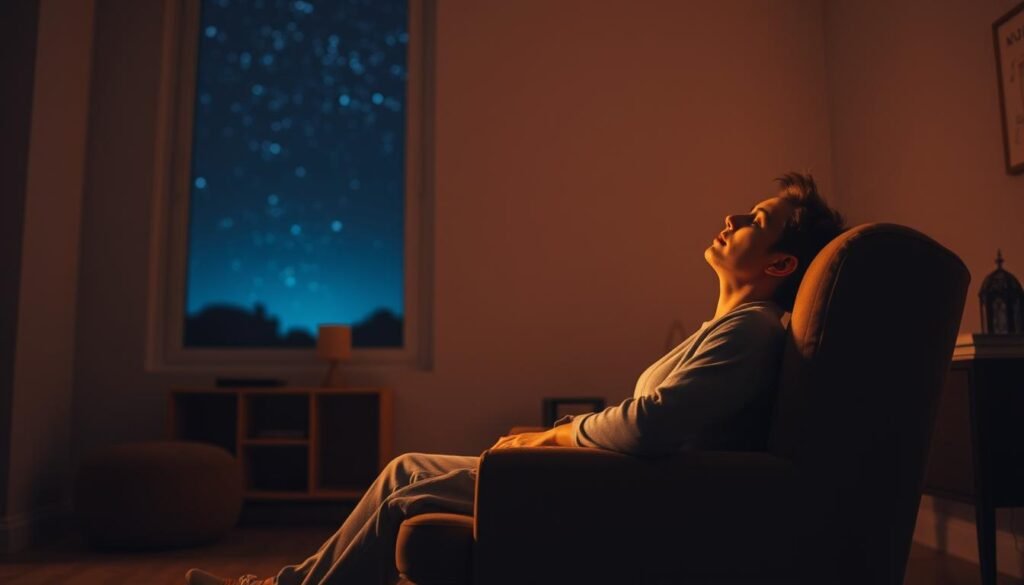 A dimly lit room with a person sitting comfortably on a plush armchair, eyes closed, immersed in the serene melodies of a classical music playlist. Soft, ambient lighting casts a warm, soothing glow, creating a sense of tranquility. The room is sparsely decorated, with minimal furnishings to minimize distractions, allowing the listener to fully focus on the music. A large window in the background offers a glimpse of a starry night sky, further enhancing the calming atmosphere. The overall scene evokes a sense of relaxation and mindfulness, perfectly suited for improving sleep quality.