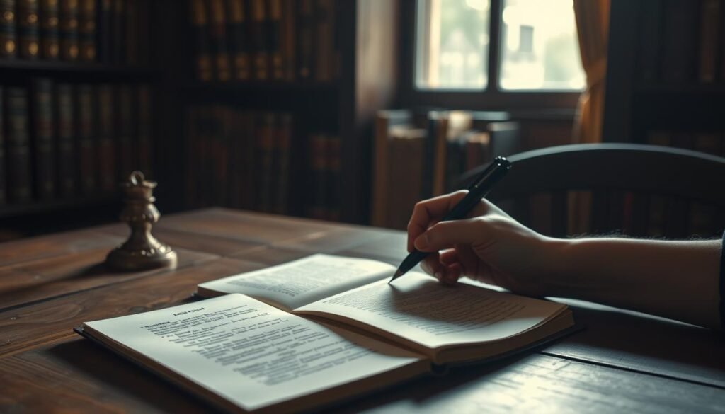 A dimly lit study with a wooden desk, a calligraphy pen, and an open journal. Soft, warm lighting casts gentle shadows, creating an atmosphere of introspection and contemplation. In the foreground, a hand carefully writes in the journal, capturing the essence of daily experiences. The background features a bookshelf filled with leather-bound volumes, hinting at the wealth of knowledge and wisdom that can inspire and guide the journaling process. The scene conveys the idea of self-reflection, the desire to document and understand one's own thoughts and emotions, and the transformative power of the written word. A dimly lit study with a wooden desk, a calligraphy pen, and an open journal. Soft, warm lighting casts gentle shadows, creating an atmosphere of introspection and contemplation. In the foreground, a hand carefully writes in the journal, capturing the essence of daily experiences. The background features a bookshelf filled with leather-bound volumes, hinting at the wealth of knowledge and wisdom that can inspire and guide the journaling process. The scene conveys the idea of self-reflection, the desire to document and understand one's own thoughts and emotions, and the transformative power of the written word.