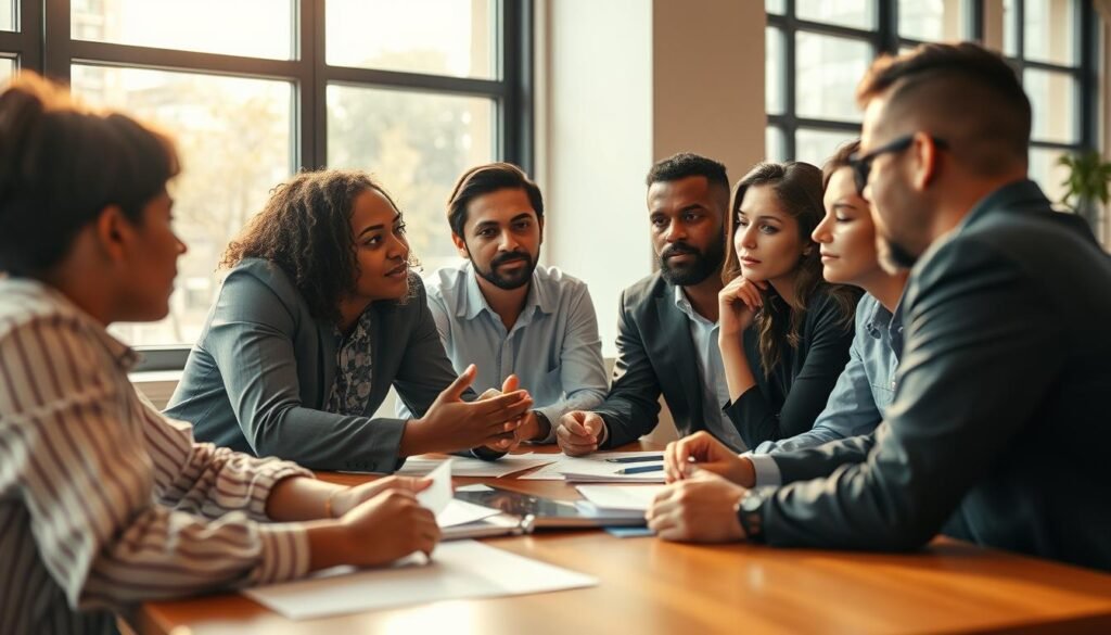 A diverse, collaborative team of professionals engaged in productive discussions, with a calm yet focused atmosphere. The group is seated around a table, deep in conversation, their expressions contemplative as they work towards resolving workplace conflicts. Warm, natural lighting filters through large windows, casting a soft glow on the scene. The camera angle is slightly elevated, providing an overview of the group's interactions, emphasizing the importance of effective conflict management within the workplace. A diverse, collaborative team of professionals engaged in productive discussions, with a calm yet focused atmosphere. The group is seated around a table, deep in conversation, their expressions contemplative as they work towards resolving workplace conflicts. Warm, natural lighting filters through large windows, casting a soft glow on the scene. The camera angle is slightly elevated, providing an overview of the group's interactions, emphasizing the importance of effective conflict management within the workplace.