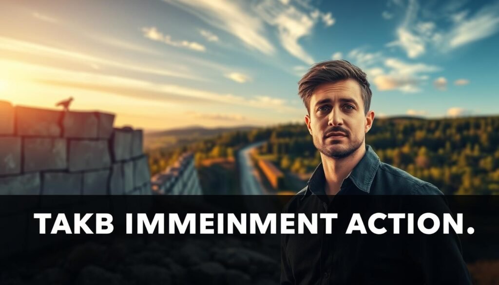 A dynamic, motivational scene depicting a person taking immediate action. In the foreground, a determined individual stands upright, their expression resolute and unwavering, ready to embark on a new endeavor. Soft, warm lighting illuminates their face, conveying a sense of purpose and inner drive. In the middle ground, symbolic elements represent the overcoming of obstacles, such as a cracked wall or a path leading through a dense forest. The background showcases a vibrant, energetic landscape, hinting at the possibilities and opportunities that await. The composition evokes a feeling of momentum, encouraging the viewer to seize the moment and take the first step towards their goals.