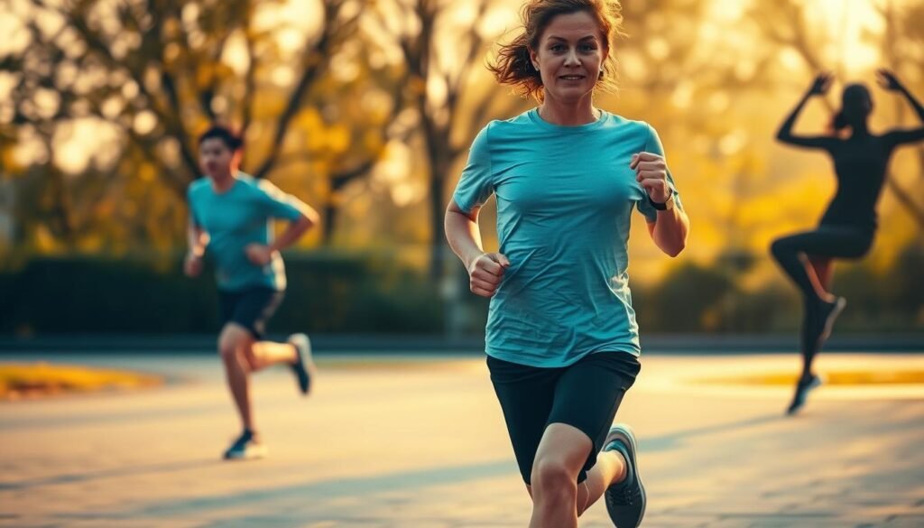 A dynamic scene of a person engaged in a variety of energizing physical activities. In the foreground, a person is jogging with a determined expression, their body in motion against a blurred background. In the middle ground, the person is shown doing jumping jacks, capturing the intensity of the exercise. In the background, a silhouette of the person is performing yoga poses, conveying a sense of balance and flexibility. The lighting is warm and natural, casting a golden glow over the scene. The overall atmosphere is one of vitality, vigor, and a strong sense of personal empowerment through physical movement.