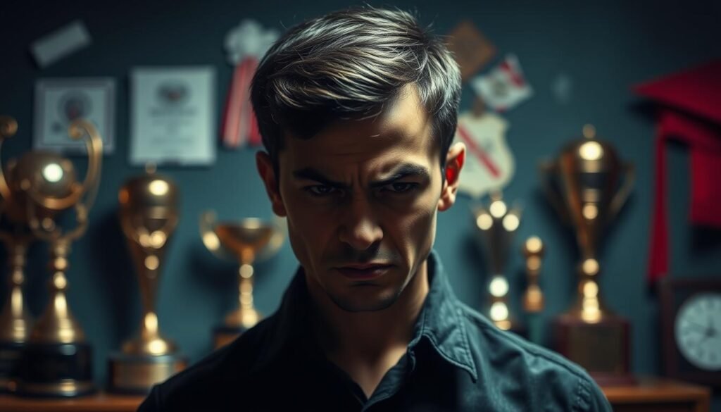 A figure standing in the foreground, their face twisted in an expression of envy and resentment, their eyes narrowed with a smoldering intensity. Behind them, a blurred but vibrant background of success and achievement, symbols of motivation and ambition - trophies, diplomas, accolades. The lighting is dramatic, casting deep shadows that accentuate the subject's conflicted emotions. The composition is tightly framed, creating a sense of tension and unease. The overall mood is one of inner turmoil, a struggle between the desire to succeed and the green-eyed monster of jealousy.