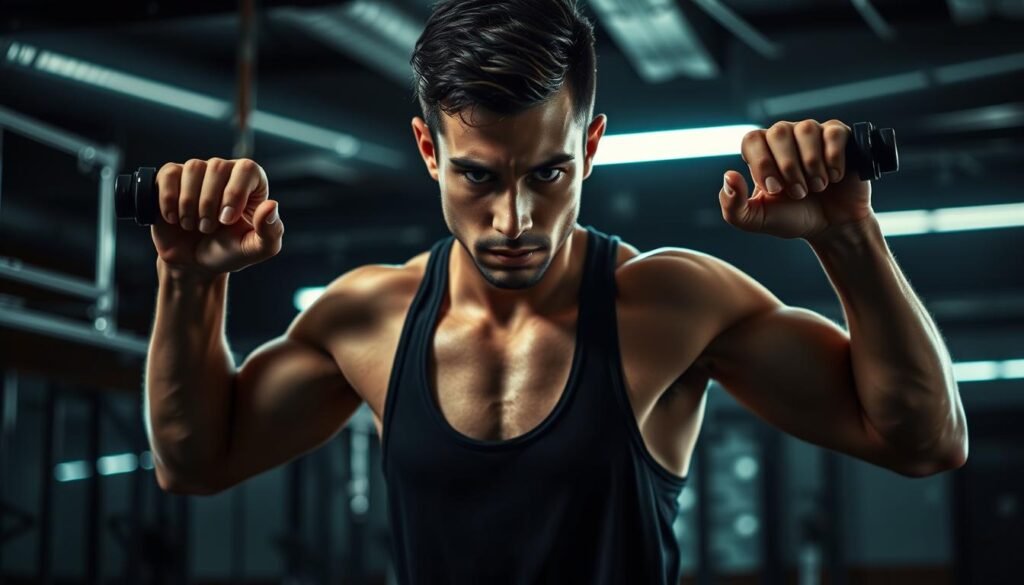 A focused individual in athletic attire performing a series of dynamic exercises, surrounded by a dimly lit, industrial-style gym setting. Dramatic high-contrast lighting highlights their determined expression as they push through a demanding interval training routine, exemplifying the discipline and self-control required to achieve one's goals. The scene conveys a sense of intensity, perseverance, and the transformative power of consistent, challenging practice. A focused individual in athletic attire performing a series of dynamic exercises, surrounded by a dimly lit, industrial-style gym setting. Dramatic high-contrast lighting highlights their determined expression as they push through a demanding interval training routine, exemplifying the discipline and self-control required to achieve one's goals. The scene conveys a sense of intensity, perseverance, and the transformative power of consistent, challenging practice.