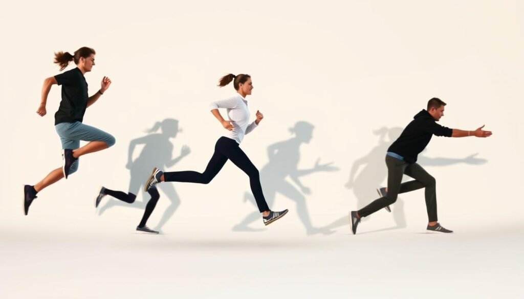 A group of figures in motion, captured mid-stride against a clean, minimalist background. The subjects display a range of dynamic poses, from a person jumping, to another briskly walking, and a third stretching. The lighting is bright and even, casting long shadows that emphasize the sense of movement. The composition is tight, focusing the viewer's attention on the bursts of activity. The overall mood is energetic and engaging, conveying the idea of short, impactful physical "snacks" that can be easily incorporated into daily routines. A group of figures in motion, captured mid-stride against a clean, minimalist background. The subjects display a range of dynamic poses, from a person jumping, to another briskly walking, and a third stretching. The lighting is bright and even, casting long shadows that emphasize the sense of movement. The composition is tight, focusing the viewer's attention on the bursts of activity. The overall mood is energetic and engaging, conveying the idea of short, impactful physical "snacks" that can be easily incorporated into daily routines.