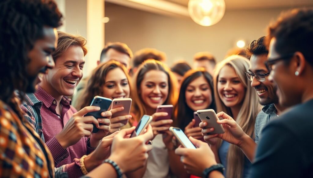 A group of people actively engaged in a dynamic social media interaction, with a vibrant and lively atmosphere. The foreground features a diverse array of individuals, their faces filled with expressions of interest, excitement, and a sense of community. The middle ground showcases various digital devices, such as smartphones and tablets, being used to capture and share content. The background is softly blurred, creating a focus on the central interaction. Warm lighting casts a welcoming glow, and the overall composition conveys a sense of genuine connection and genuine engagement between the social media users.