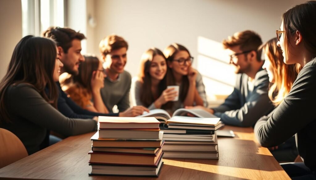 A group of students gathered around a table, engaged in collaborative learning. The scene is bathed in warm, natural light, creating a cozy and inviting atmosphere. The students' faces are animated, reflecting their active participation and intellectual exchange. In the foreground, a stack of books and study materials sits on the table, symbolizing the academic focus of their gathering. The middle ground showcases the students leaning in, gesturing and discussing their ideas. In the background, a simple, minimalist setting with neutral tones allows the students to be the central focus, emphasizing the importance of their collective learning experience. This image captures the essence of group study, highlighting its benefits and the engaging nature of this learning approach. A group of students gathered around a table, engaged in collaborative learning. The scene is bathed in warm, natural light, creating a cozy and inviting atmosphere. The students' faces are animated, reflecting their active participation and intellectual exchange. In the foreground, a stack of books and study materials sits on the table, symbolizing the academic focus of their gathering. The middle ground showcases the students leaning in, gesturing and discussing their ideas. In the background, a simple, minimalist setting with neutral tones allows the students to be the central focus, emphasizing the importance of their collective learning experience. This image captures the essence of group study, highlighting its benefits and the engaging nature of this learning approach.