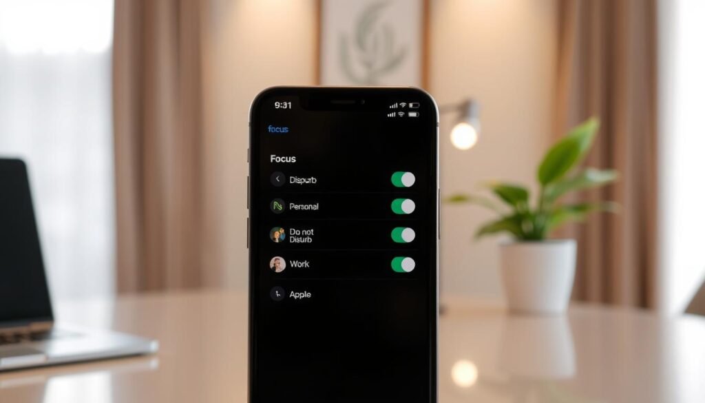 A high-resolution photograph of an iPhone's focus settings screen, captured in a well-lit and minimalist office setting. The screen displays the various focus modes, including Do Not Disturb, Personal, and Work, each with its own distinct icon and customizable options. The foreground showcases the iPhone's screen in sharp focus, while the background features a blurred, elegant workspace with a clean desk, a potted plant, and a subtle window light source. The overall mood is one of productivity, organization, and attention to detail, reflecting the section's focus on leveraging Apple's Focus feature for enhanced workplace efficiency.