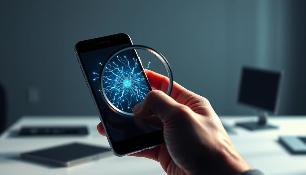 A high-resolution, realistic 3D illustration of a person's hand holding a smartphone, with a magnifying glass hovering over the screen. The smartphone's screen displays a complex web of neural connections, representing the psychology of addiction. The hand is cast in dramatic chiaroscuro lighting, creating a sense of intensity and introspection. The background is a blurred, minimalist office setting, emphasizing the distraction and focus issues related to smartphone use. The overall mood is one of thoughtful contemplation, highlighting the nuanced psychological factors underlying smartphone addiction. A high-resolution, realistic 3D illustration of a person's hand holding a smartphone, with a magnifying glass hovering over the screen. The smartphone's screen displays a complex web of neural connections, representing the psychology of addiction. The hand is cast in dramatic chiaroscuro lighting, creating a sense of intensity and introspection. The background is a blurred, minimalist office setting, emphasizing the distraction and focus issues related to smartphone use. The overall mood is one of thoughtful contemplation, highlighting the nuanced psychological factors underlying smartphone addiction.