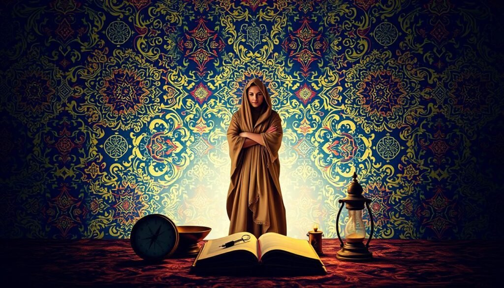 A lush, vibrant background with intricate patterns and textures, evocative of traditional Middle Eastern motifs and designs. In the foreground, a serene yet determined figure, dressed in a flowing robe, stands amidst a tableau of thoughtfully arranged objects - a compass, an hourglass, a journal, and a small, glowing lamp. The lighting is soft and warm, creating an atmosphere of focused contemplation and guidance. The overall composition conveys a sense of purpose, discipline, and the pursuit of self-improvement, reflecting the themes of the "12-Week Goal Diaries" and the "Tips for Success" within. A lush, vibrant background with intricate patterns and textures, evocative of traditional Middle Eastern motifs and designs. In the foreground, a serene yet determined figure, dressed in a flowing robe, stands amidst a tableau of thoughtfully arranged objects - a compass, an hourglass, a journal, and a small, glowing lamp. The lighting is soft and warm, creating an atmosphere of focused contemplation and guidance. The overall composition conveys a sense of purpose, discipline, and the pursuit of self-improvement, reflecting the themes of the "12-Week Goal Diaries" and the "Tips for Success" within.
