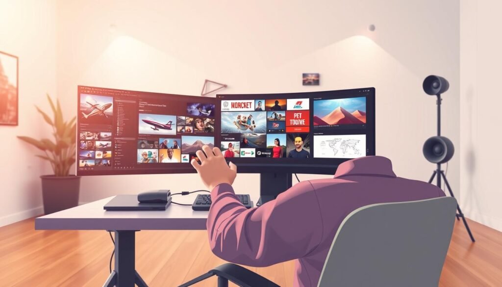 A meticulously crafted digital illustration depicting a high-quality content creation process. In the foreground, a skilled graphic designer sits at a sleek, modern workstation, their hands deftly manipulating design elements on a large, high-resolution display. The middle ground showcases a collection of vibrant, visually striking assets, including captivating imagery, bold typography, and seamlessly integrated multimedia elements. In the background, a softly lit, minimalist studio environment sets the stage for this creative endeavor, evoking a sense of focus, inspiration, and attention to detail. The overall scene conveys a professional, polished aesthetic, reflecting the dedication and expertise required to produce high-quality digital content.