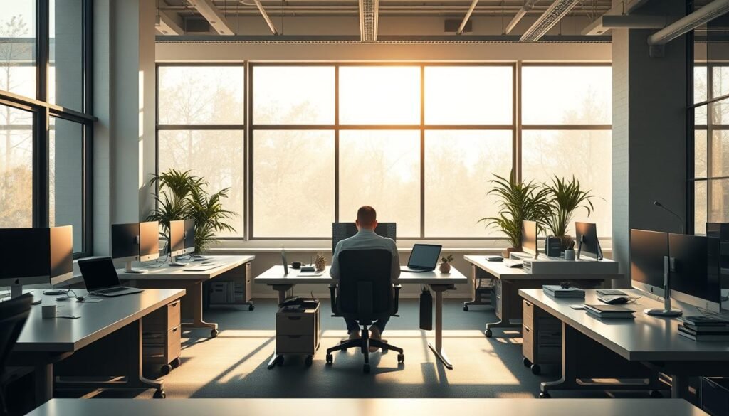 A meticulously crafted, minimalist office interior. Sunlight streams through large windows, casting a warm glow. Sleek, modern desks with clean lines and subtle wood accents. A single person, deep in focused work, surrounded by a sparse array of productivity tools. The scene exudes a sense of calm efficiency, inviting the viewer to imagine the heightened output and clarity of mind that can arise from fewer, more purposeful meetings. The overall impression is one of thoughtful, streamlined workflow - an embodiment of the principles of "fewer meetings, more results".