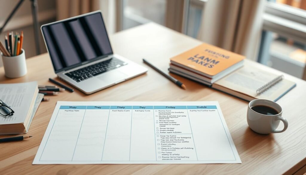 A meticulously crafted workspace, a neatly organized desk with an open laptop, textbooks, stationery, and a cup of coffee. The soft, warm lighting creates a cozy, focused atmosphere, inviting the viewer to immerse themselves in the study plan. In the foreground, a clear, concise timeline lays out the 14-day exam preparation schedule, guiding the viewer through a strategic daily routine. The middle ground features a detailed checklist, itemizing key review topics and milestones, while the background showcases a subtly blurred window, suggesting a sense of tranquility and productivity. A meticulously crafted workspace, a neatly organized desk with an open laptop, textbooks, stationery, and a cup of coffee. The soft, warm lighting creates a cozy, focused atmosphere, inviting the viewer to immerse themselves in the study plan. In the foreground, a clear, concise timeline lays out the 14-day exam preparation schedule, guiding the viewer through a strategic daily routine. The middle ground features a detailed checklist, itemizing key review topics and milestones, while the background showcases a subtly blurred window, suggesting a sense of tranquility and productivity.