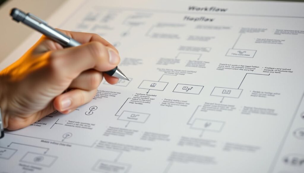 A meticulously designed workflow diagram fills the frame, its clean lines and intuitive icons guiding the eye through a seamless process. In the foreground, a closeup of a hand carefully annotating each step with a fine-tipped pen, the ink glistening under warm studio lighting. The background fades into a soft, neutral palette, allowing the workflow to take center stage. The overall atmosphere conveys a sense of organized efficiency, highlighting the importance of thorough documentation and standard operating procedures.