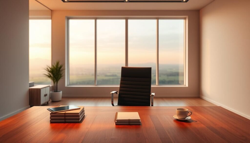A minimalist, clean-lined interior with a large wooden desk and modern office chair. Warm ambient lighting casts a soft glow, highlighting a digital tablet, a stack of notebooks, and a cup of tea or coffee. In the background, a large window offers a tranquil view of a serene landscape, emphasizing the sense of focus and productivity. The overall atmosphere conveys a balance of professionalism and personal comfort, inspiring the viewer to maximize their efficiency and engagement with the note-taking system.