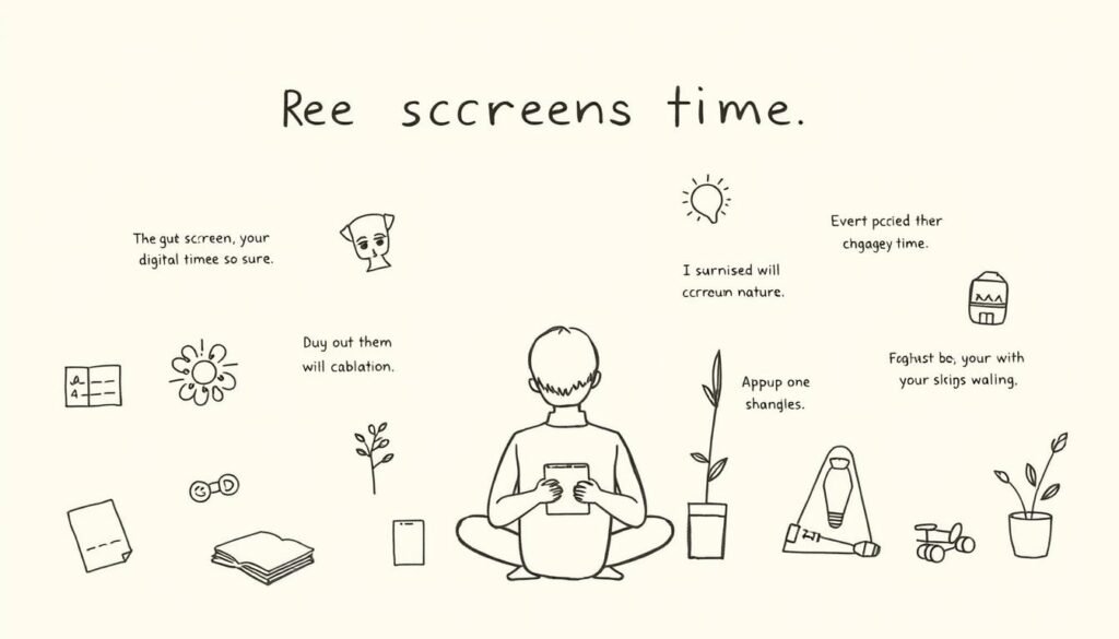 A minimalist, hand-drawn style illustration depicting various tips and suggestions to reduce screen time. The foreground features simple icons and graphics representing activities like reading, exercising, and spending time in nature. The middle ground shows a person engaged in these analog hobbies, with a smartphone discretely placed in the background, de-emphasized. The overall composition conveys a sense of balance, focus, and a gentle encouragement to find a healthier digital-life integration. The color palette is muted and earthy, with a warm, soothing tone that evokes calmness and productivity.